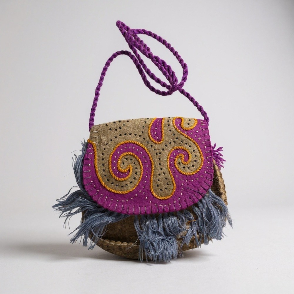 Boho Felt Handbag Small Crossbody‎ Purse Purple Yellow Swirl Fringe Strap